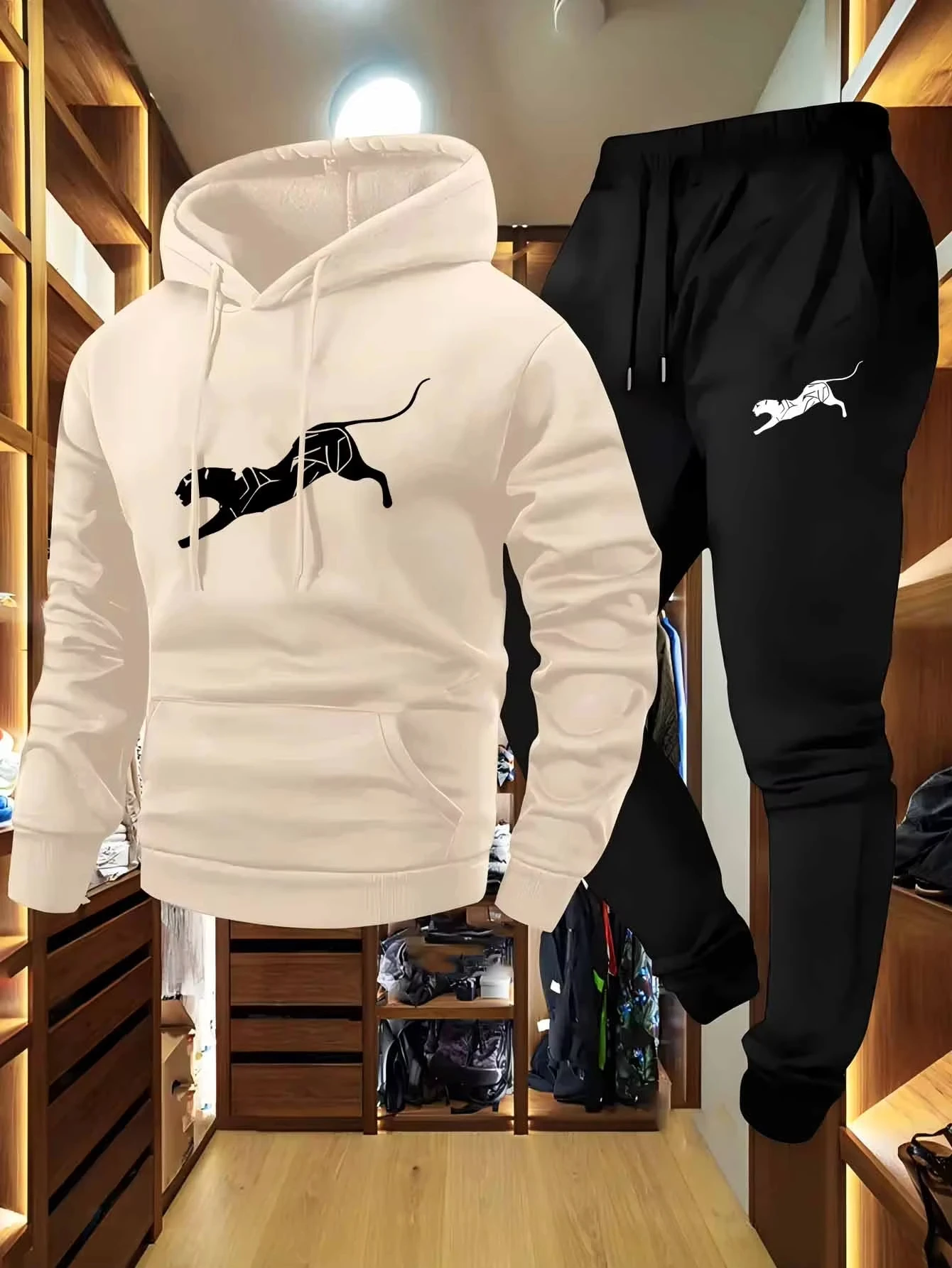 Men 2Pcs Tracksuit Leopard Animal Graphic Print Hoodie Set Long Sleeve Hooded Sweatshirt Jogger Pants Casual Sports Daily Outfit view 5