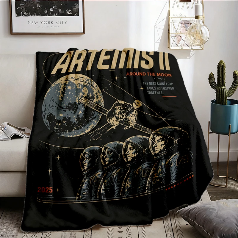 Artemis 2 Moon Joy Embroidered Comfy Blanket, Vintage Moon Mission Map Flannel Blanket, Space Fan Graphic, Retro Sci Fi
