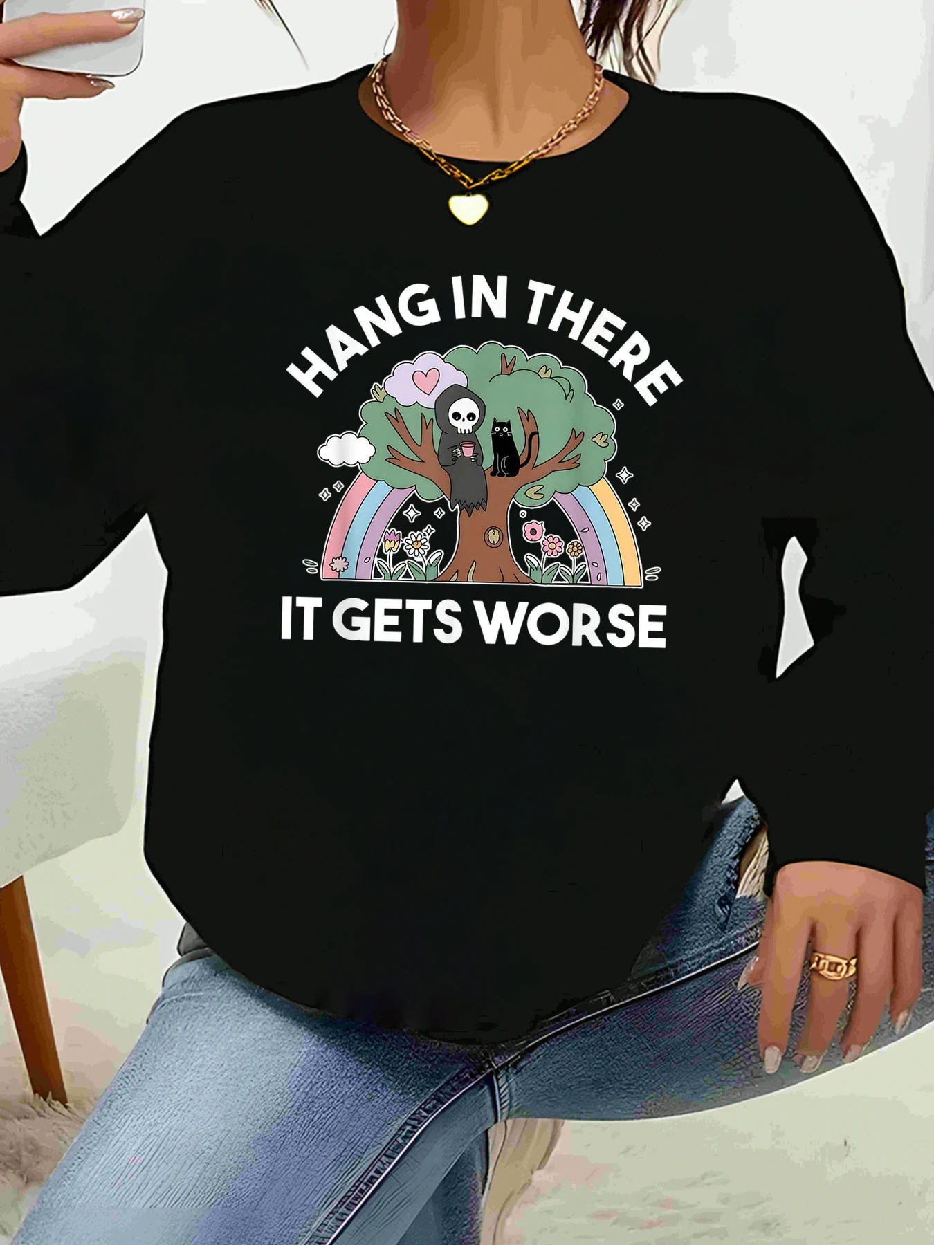 شنق هناك الأمر يحصل على أسوأ تي شيرت طويل الأكمام مطبوع عليه رسومات جرافيكية للهالوين ملابس غير رسمية للسيدات #1