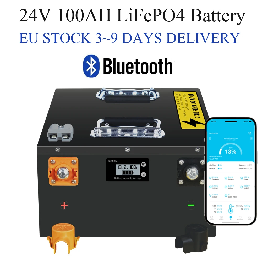 24 فولت 100 أمبير LiFePO4 بطارية حزمة المدمج في بلوتوث BMS 25.6 فولت ليثيوم فوسفات الحديد للطاقة الشمسية RV قارب تخزين المنزل بدون ضريبة #1