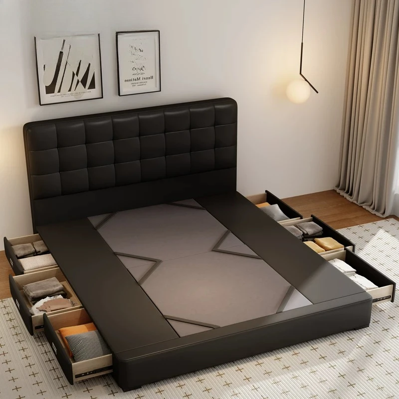 Leather storage Double-sided drawer bed Storage silent Large capacity 6 drawers Simple Flush edge