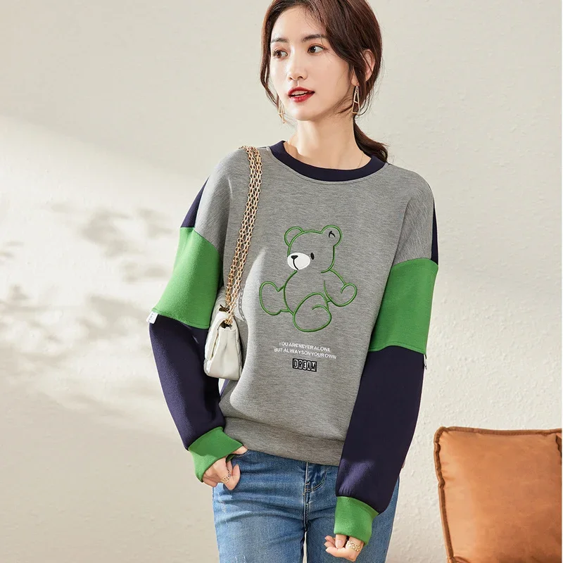

Baby Bear Printed Pullovers Women O-Neck Patchwork Sleeve Loose Casual Sweatshirts Spring Autumn New Thin Tops Fashion Outwears