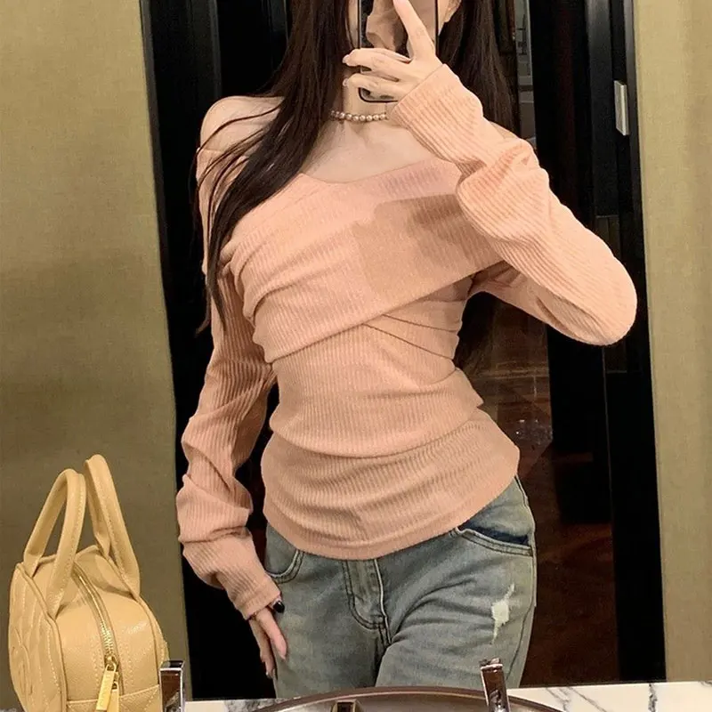 

Female Clothing Hotsweet Slim Sweaters Hotsweet V-Neck Autumn Winter Off Shoulder Fashion Criss-cross Elegant Knitted Pullovers