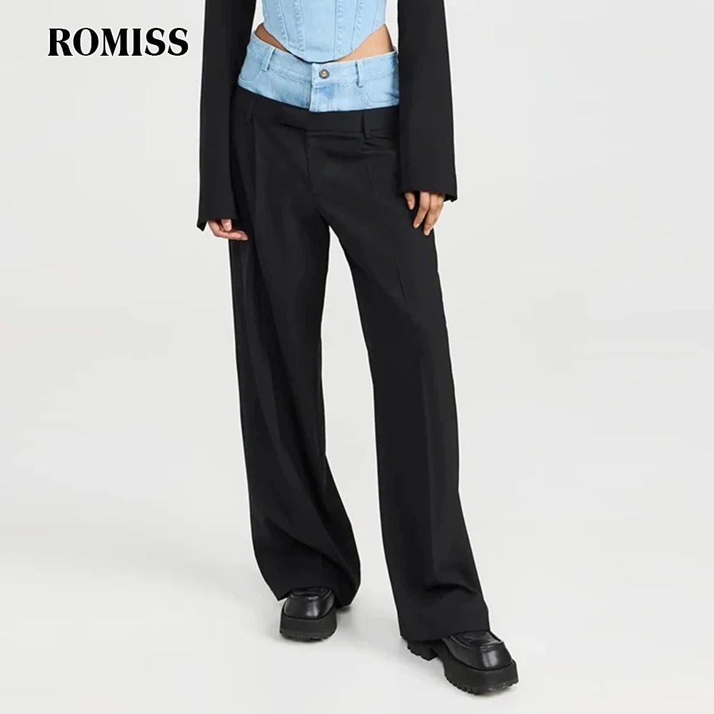 ROMISS contrasting stitching denim casual straight pants women\'s high -waisted stitching buttons loose wide -leg pants new