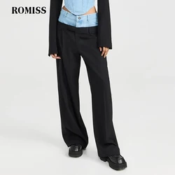 ROMISS contrasting stitching denim casual straight pants women's high -waisted stitching buttons loose wide -leg pants new