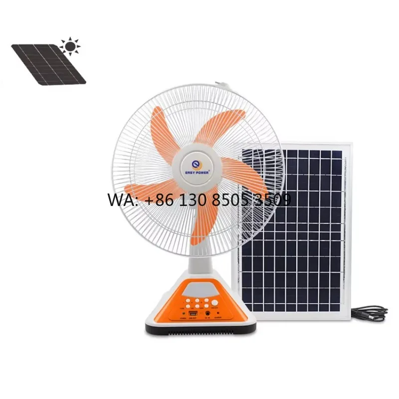

Hot Sale 16 Inch Rechargeable Solar Fan with Built-In Lead Acid Battery AC/DC Charge Table High Wind Speed