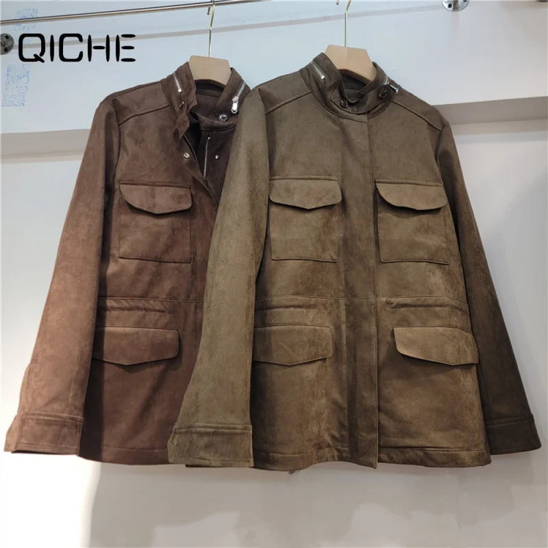 QICHE Women Retro Cargo‑Style Faux‑Suede Jacket Stand‑Collar Drawstring Waist Loose Functional Coffee Casual Outerwear For Autum