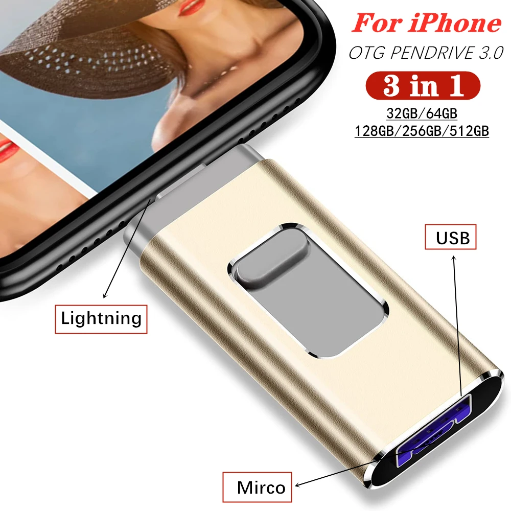 for iphone  iPad iso 3in1 USB 3.0 Flash Drive 256GB 128GB 64GB 32G Metal Pendrive Android OTG Mirco USB Memory stick Custom LOGO