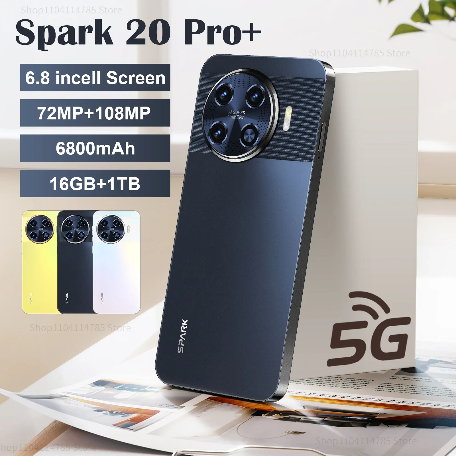 New high-end cell phones 2024 Spark 20 Pro+ smart phone 6.8inch 16G+1T original phones 5g global version android system 108MP