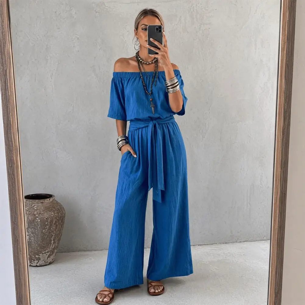 

Simple Design Jumpsuit,All Day Tie Waist Short Sleeve Wide Leg Rompers, Summer Solid Color One Piece Outfits with Pockets