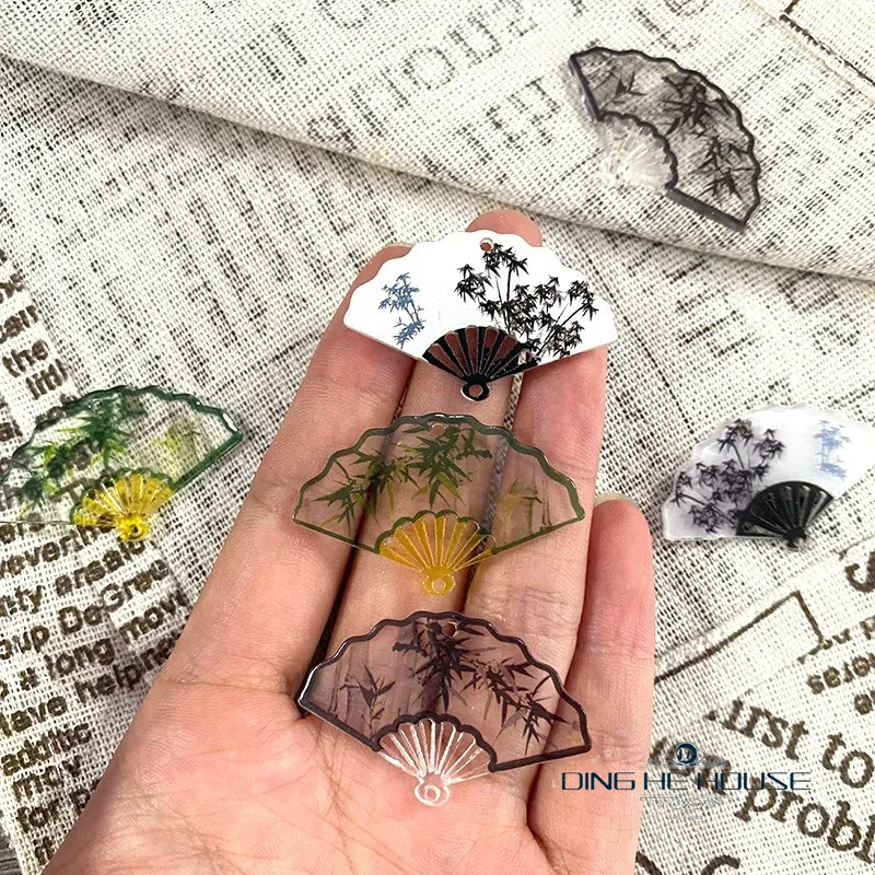 10/50pcs Chinese Style Transparent Bamboo Fan Charms 9styles Choice，Acrylic Vintage Pendant for Earring Hairpin Diy Jewelry Make