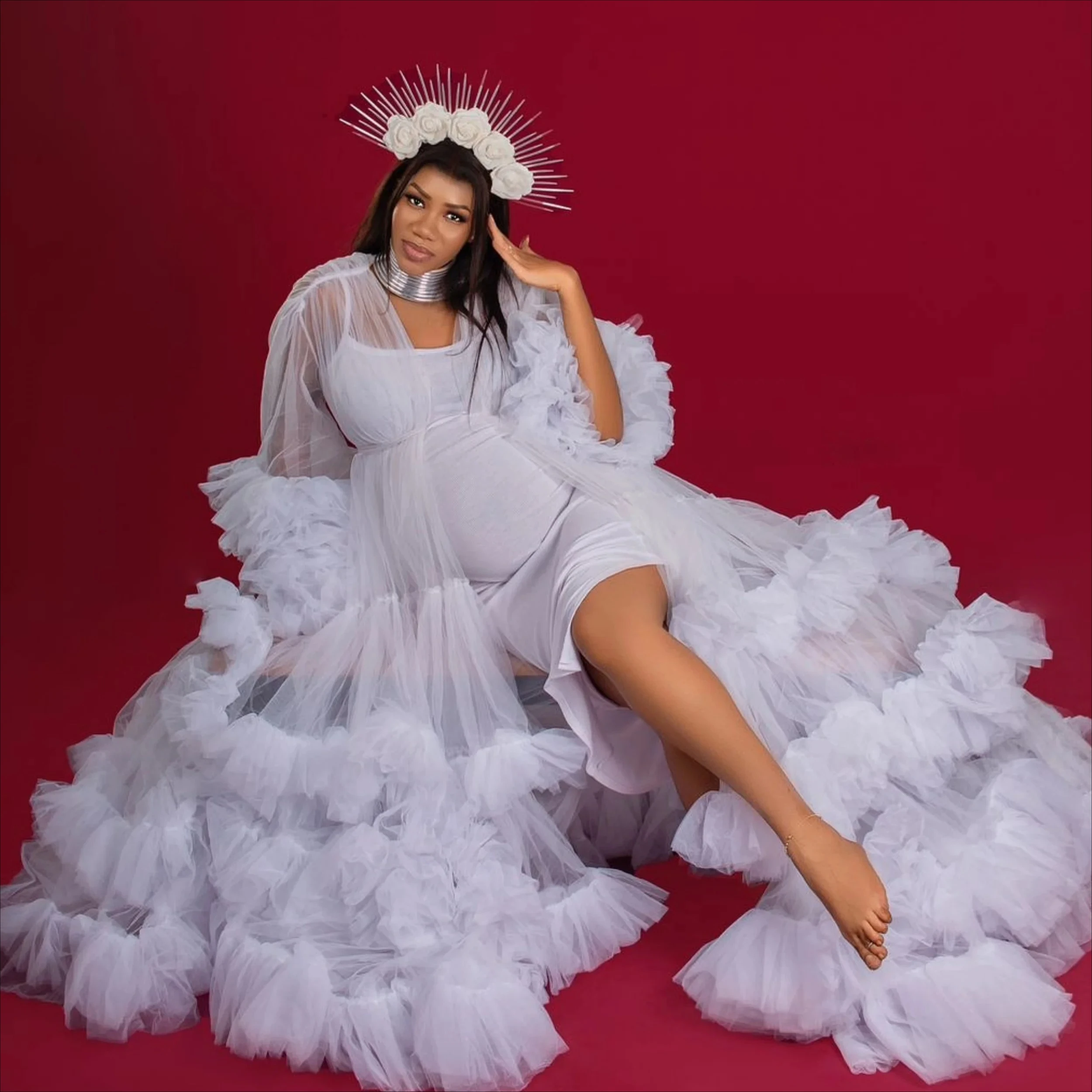 

Light Grey Tiered Maternity Dress Elegant 2 Pieces Babyshower Gown Long Ruched Photography Prop for Pregnant Women Customized