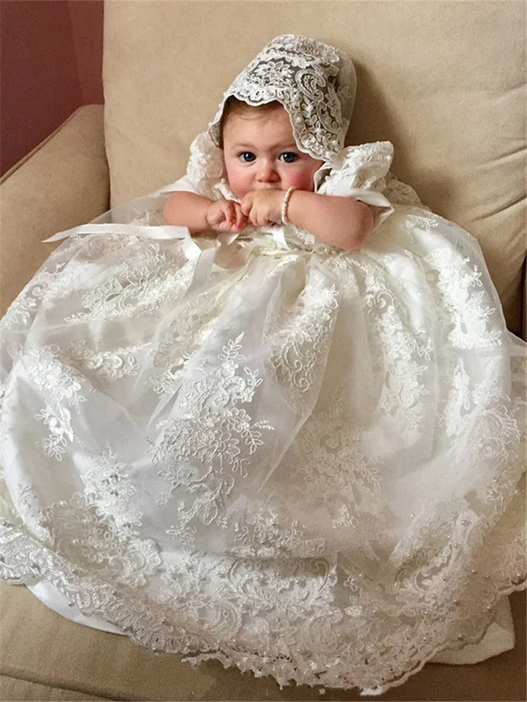 Robe de Baptême en Dentelle pour Bébé Fille, Tenue à Manches Courtes, avec Bonnet, pour Premier Anniversaire de Nouveau-Né de 3 à 24 Mois