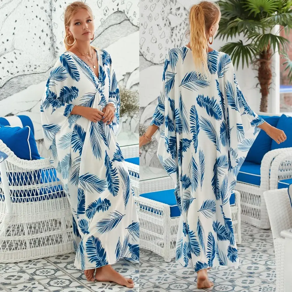 Casual Boho Bikini Cover-ups Oversized Leaves Print Beach Cover Up Open Front Loose Maxi Dress For Women
