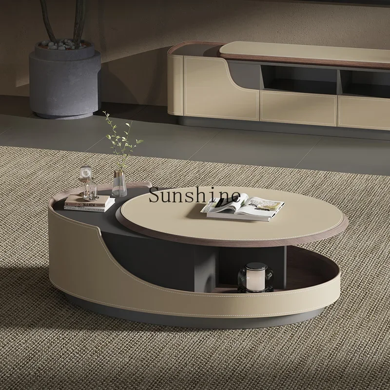 

Saddle leather TV cabinet combination Italian minimalist light luxury oval coffee table