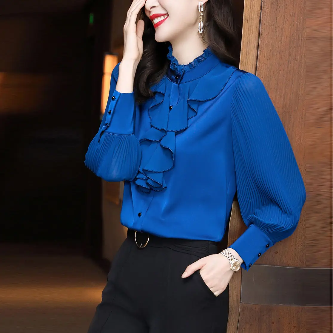 Korean Versatile 2023 Autumn New Women\'s Solid Color Half High Collar Long Sleeved Shirt Fashion Ruffle Collar Temperament Top