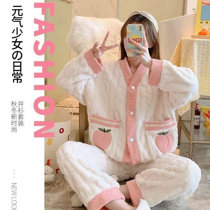 Thickened Warm Sleepwear Pink Peach Coral Velvet Women Homewear Suit Autumn and Winter Ladies Cardigan Two-Piece Set Nightwear