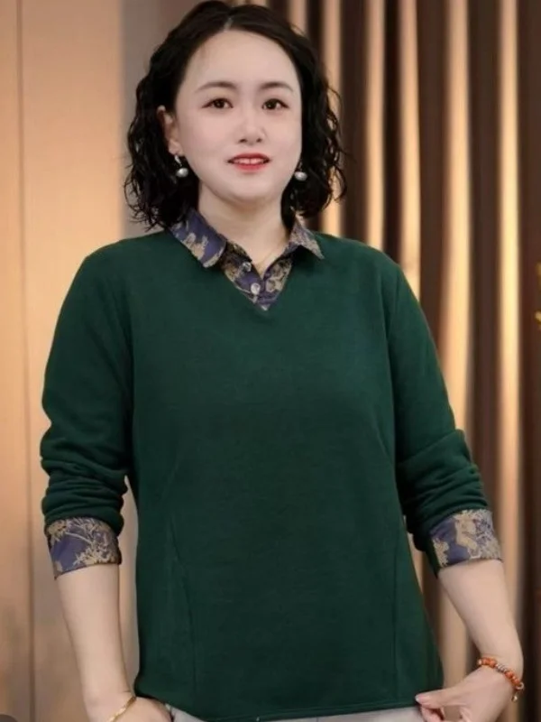 ファッショナブルなカジュアルルーズフィットママtシャツ春通気性ポリエステルスタンドサイズプリントデザインロングsve-irt女性用