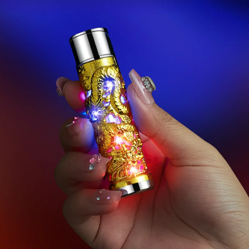 New Embossed Relief Dragon Design Torch Lighter Refillable Butane Windproof Jet Red Flame Lighter for Gifts (Without Butane)