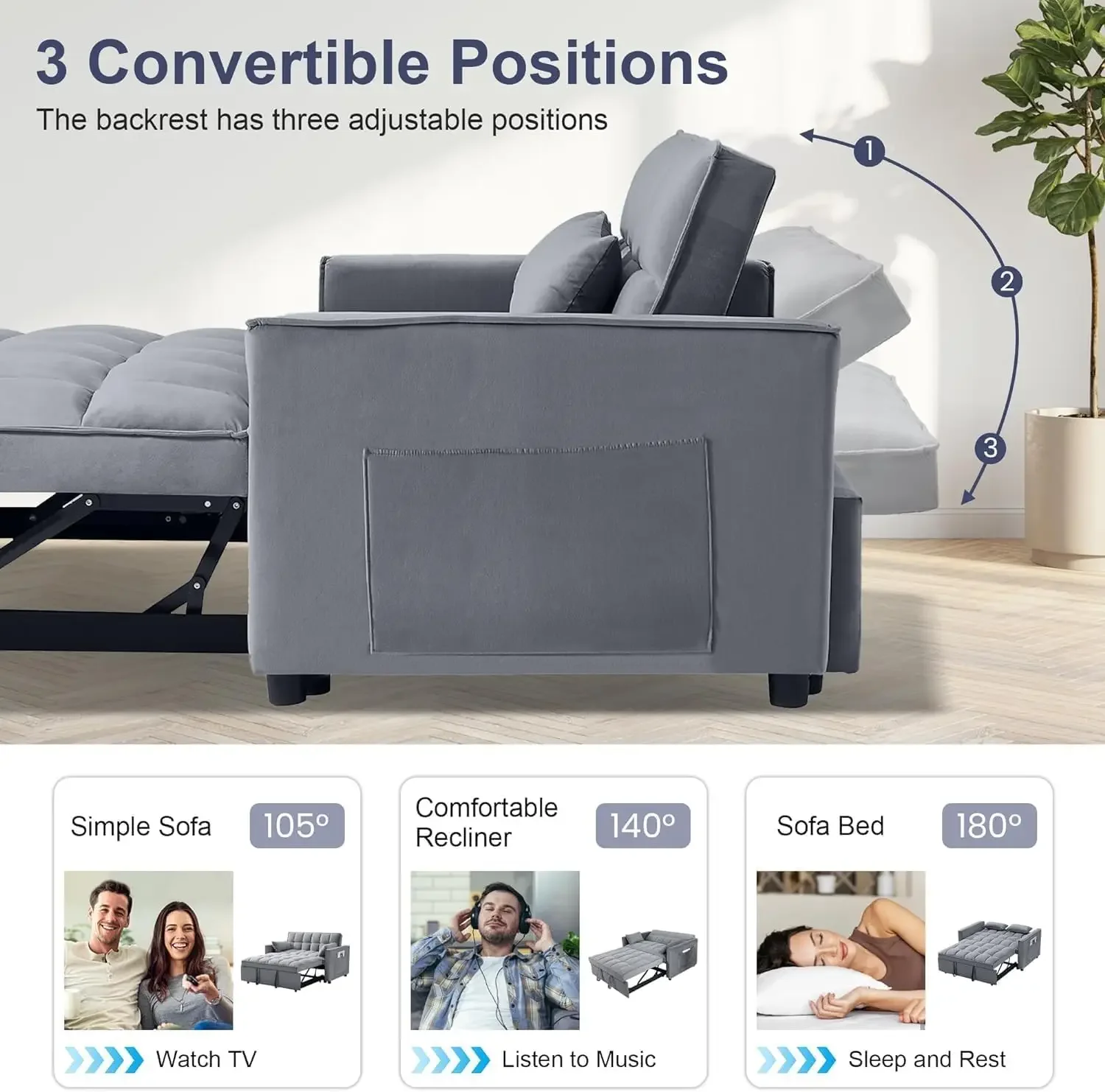 Pull Out Couch, 55.3'' Convertible Futon Sofa Bed, Velvet Sleeper Loveseat with Pillows, Pockets, Small Sofa for Liv