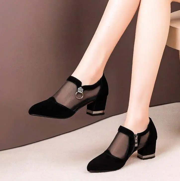 Summer Women High Heel Shoes Fashion Mesh Breathable Pumps Pointed Thick Heels Female Dress Shoes Rhinestone Elegant Footwear