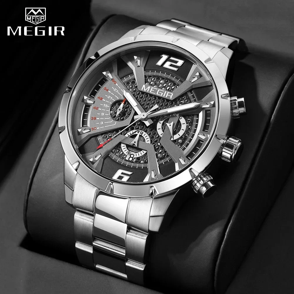 MEGIR Men Dress Quartz Watch Fashion Strap Waterproof Steel Strap Chronograph Analog Wristwatch Male Auto Date Luminous Hands