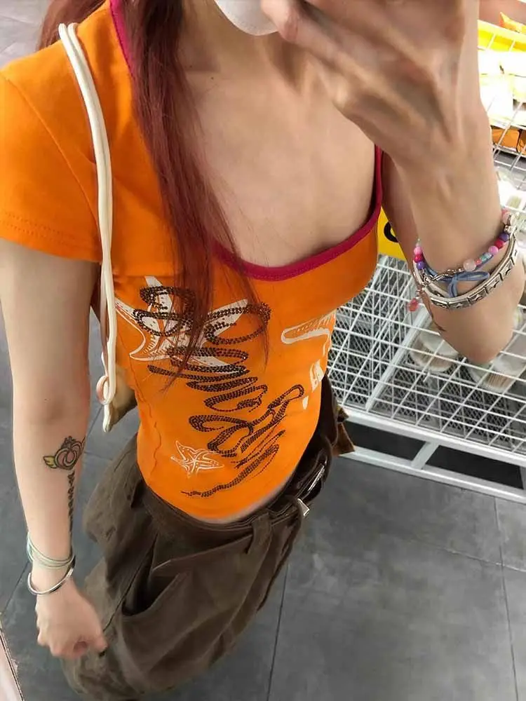 HOUZHOU Y2k Harajuku T Shirts Women Vintage Spicy Girl Orange Crop Tops American Retro 2000s Slim Short Sleeve Graphic T-Shirt - view 3