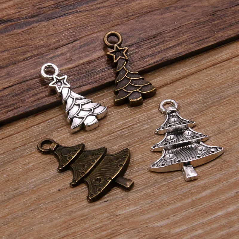 20PCS 4 Styles 2 Color Metal Zinc Alloy Christmas Flower Snowflake Tree Bell Charms Fit Jewelry Winter Pendant Necklace Makings