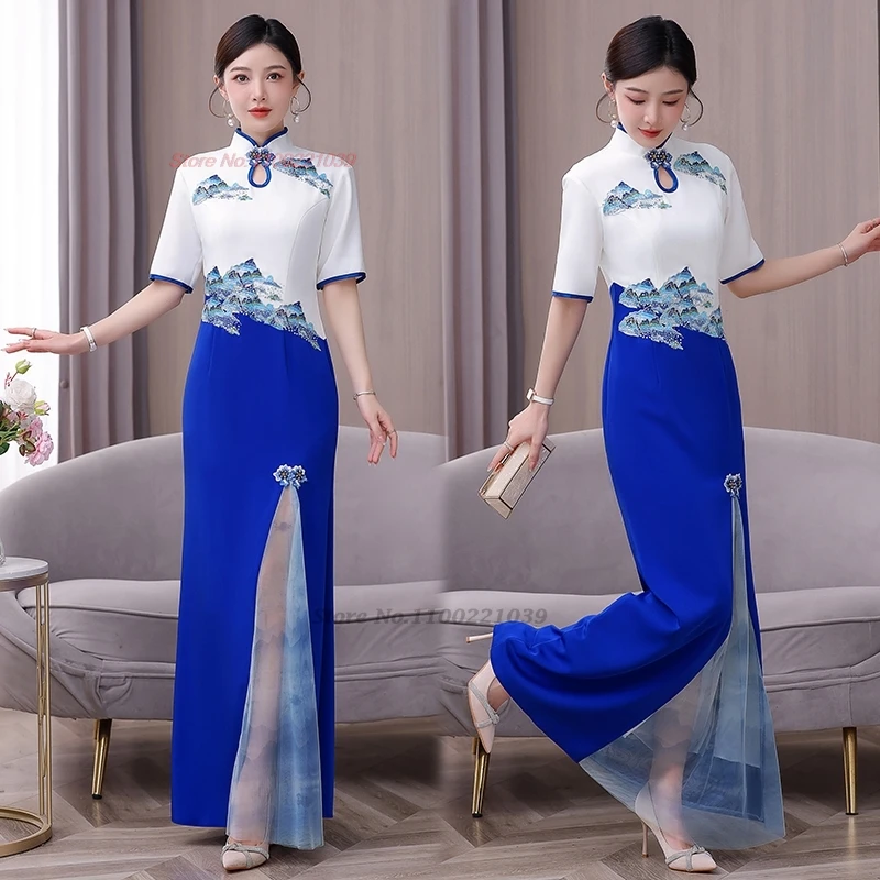 

2025 chinese vintage dress improved cheongsam national flower embroidery patchwork color qipao oriental banquet evening dress