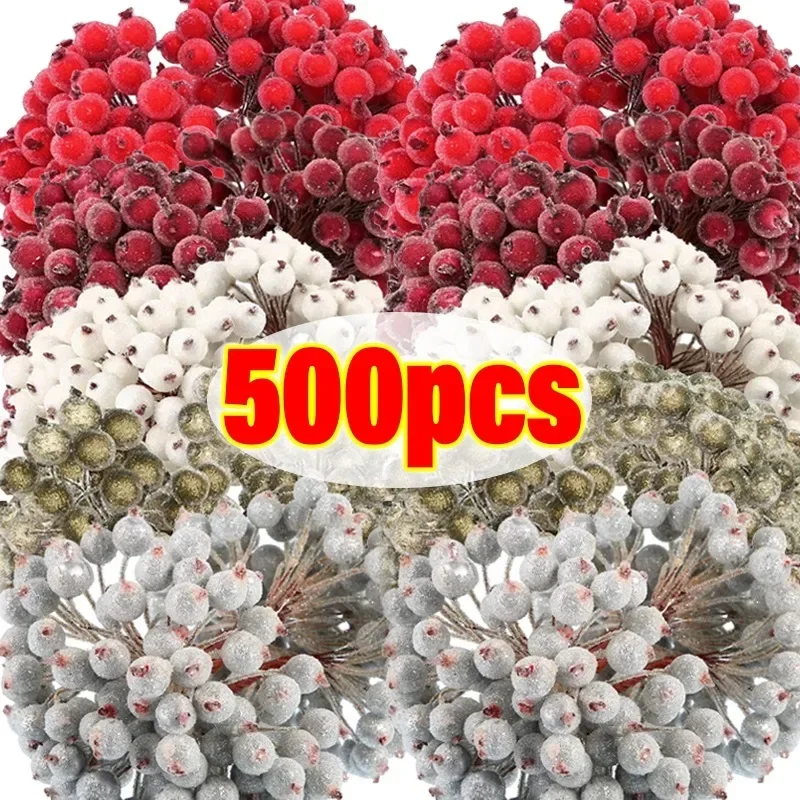 Mini Artificial Holly Berries Christmas Frosted Berry Stamen Double Head Fake Berries for DIY Wreath Xmas Party Decor Supplies