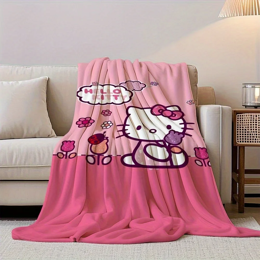 1pc cute Hello Kitty Flannel Blanket  Print All Season Warm Soft Throw for Bedroom Living Room Camping Travel Home Decor