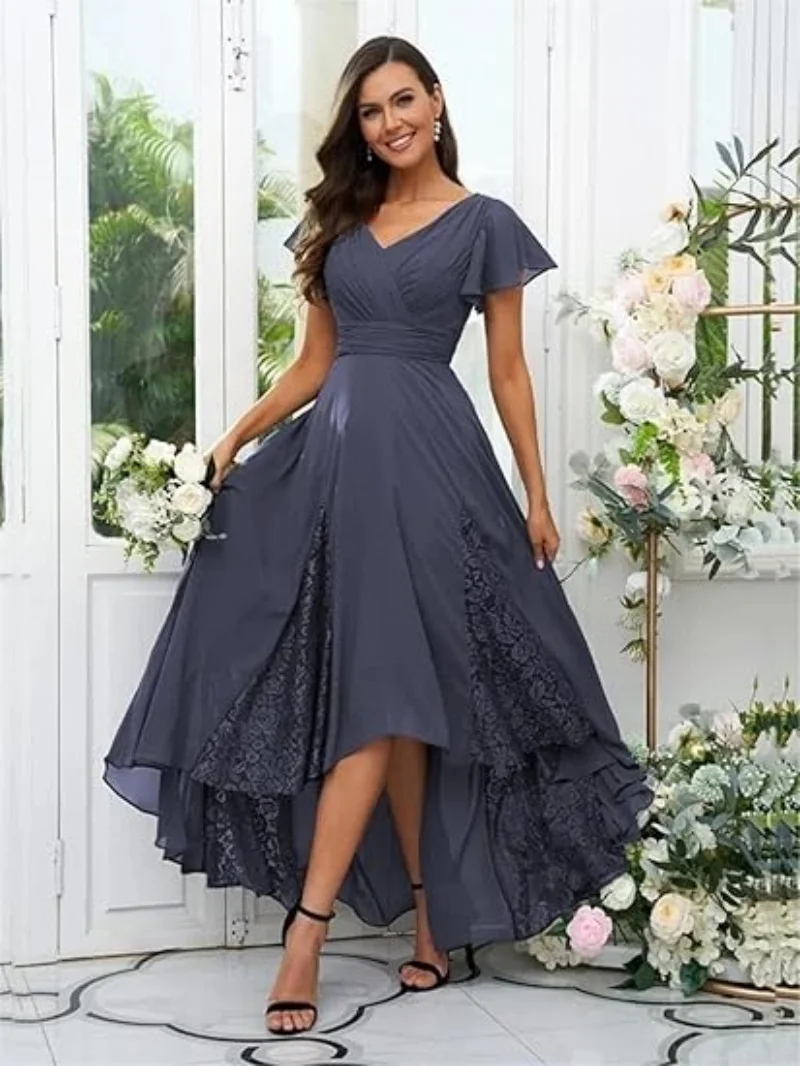

Tea Length Mother of The Bride Dresses for Wedding Lace Ruffle Sleeves Chiffon Ruched Bridesmaid Formal Dress