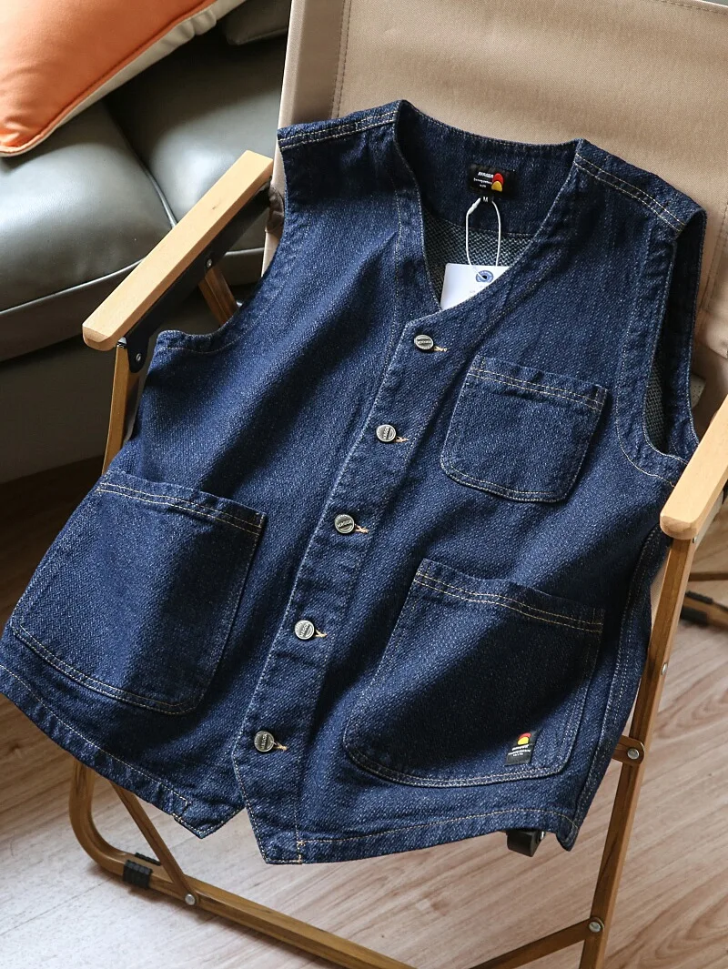 

Retro Japanese Sle Men's Casual Svel Multi-ket Workwear Denim Vest Overalls oulder Pad Jaet Youth Summer Faion