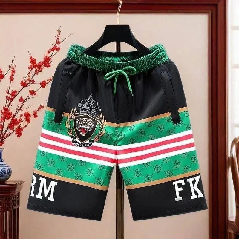 Luxury Tiger Crest Stripe All Over Print Men Shorts Drawstring Loose Fit Beach Short Pants Summer Street Daily Sport