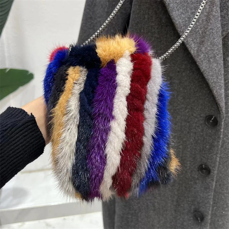 Women's High Quality Fur Shoulder Bag Natural Mink Fur Woven Phone Bag Metallic Chain Embellished Mini Crossbody Bag