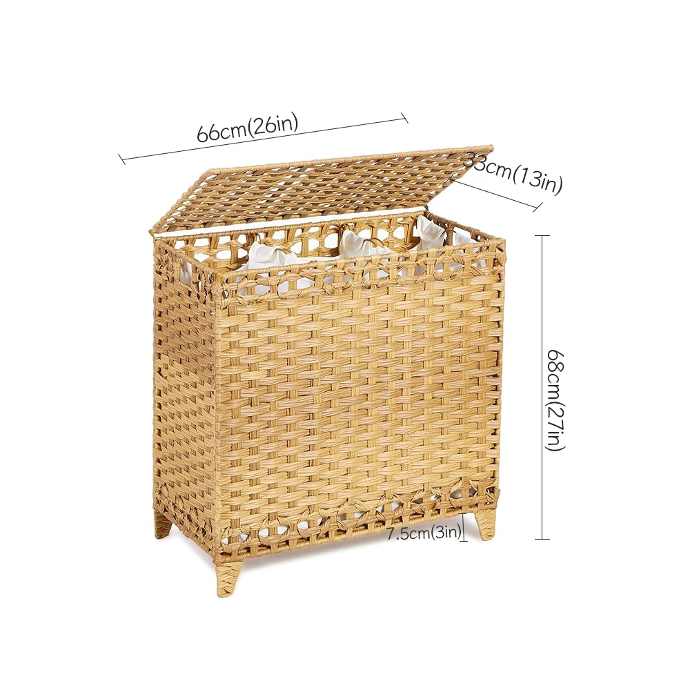 Handmade Rattan Core Woven Foldable PE Belt Storage, Split Lining, Laundry Basket with Leg Support