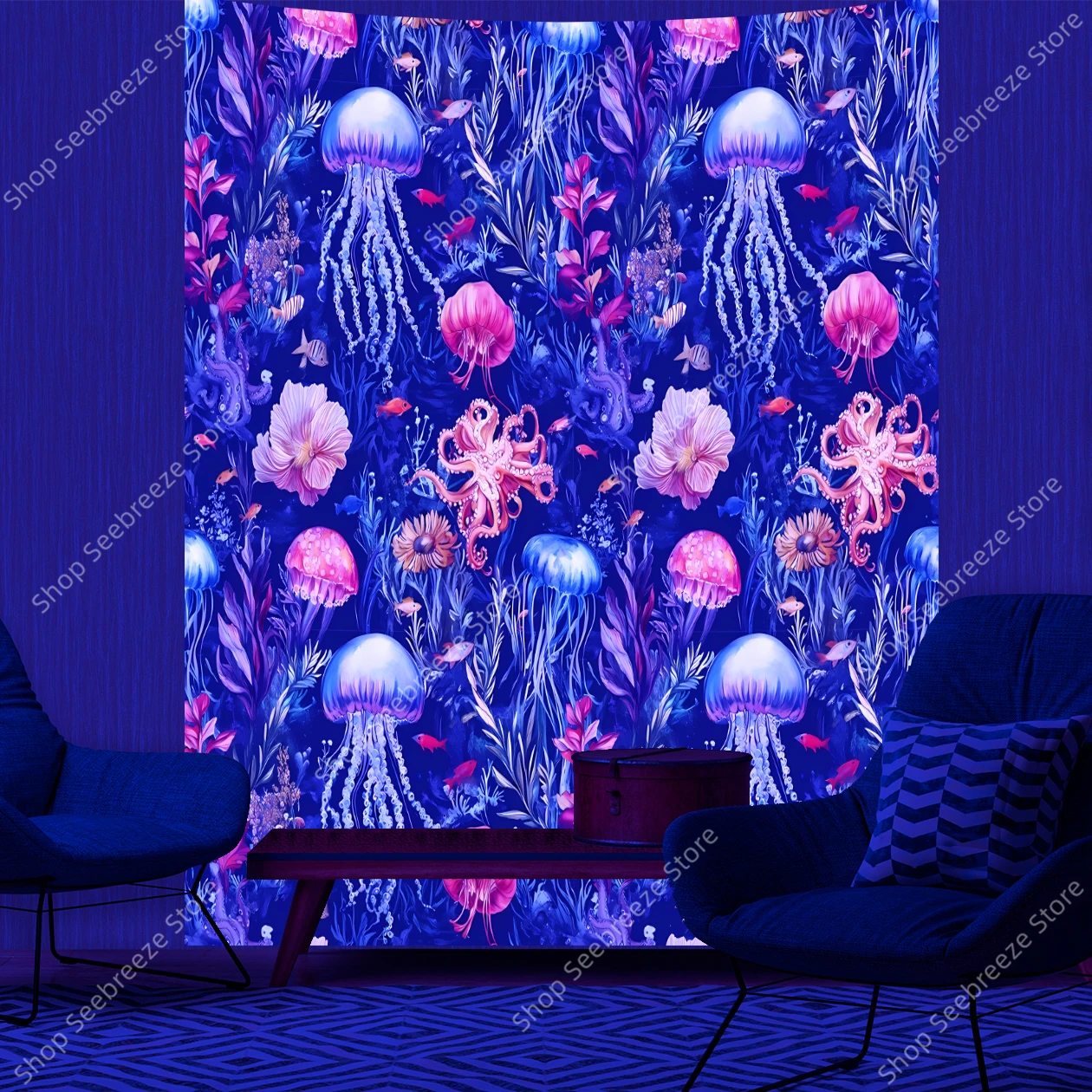

​Vibrant Underwater Marine Life UV Tapestry Wall Art Navy Blue Purple Pink Boho Coastal Beach House Nursery Kids Room Decor​