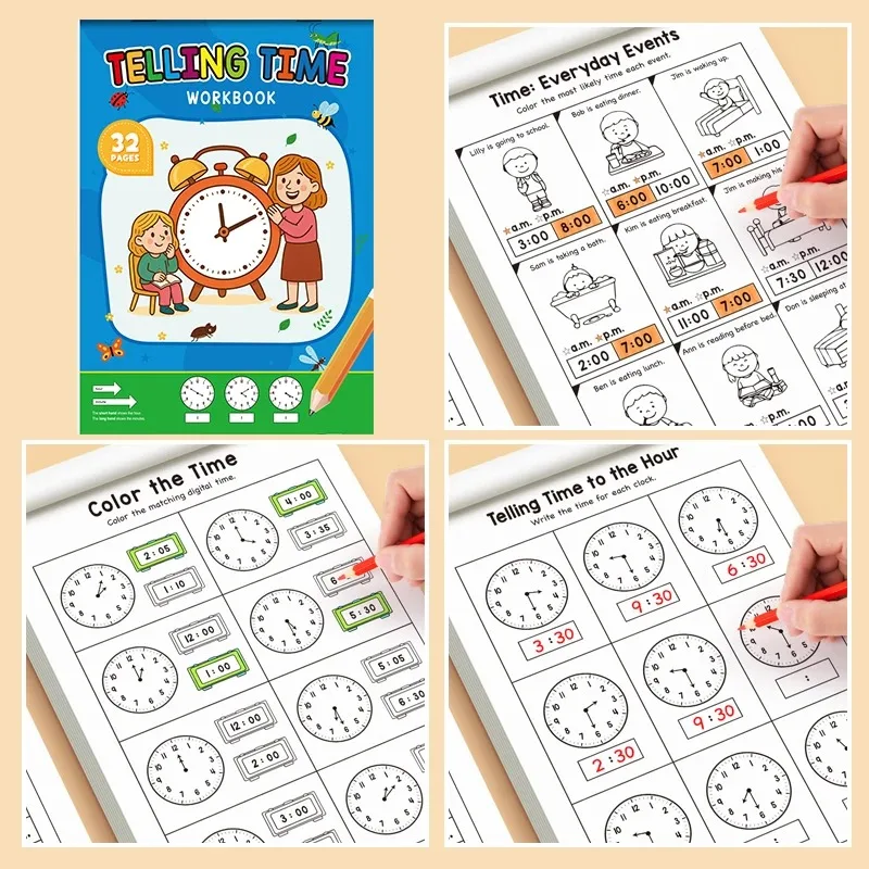 Children's Workbook on Learning Time Concepts Suitable for Homeschooling Kindergarten Activities Includes Reading Math Practice