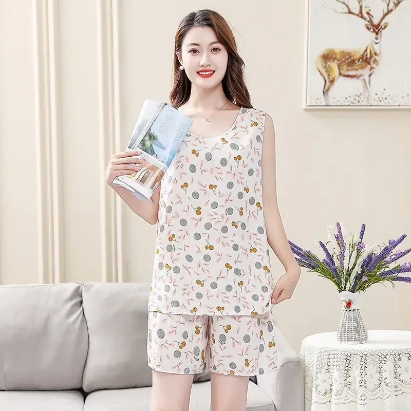 Pajama Pants Set Women's Clothing Short Sleeve Summer Middle-aged Comfortable Breathable Casual Stylish Simple Stylish Loose