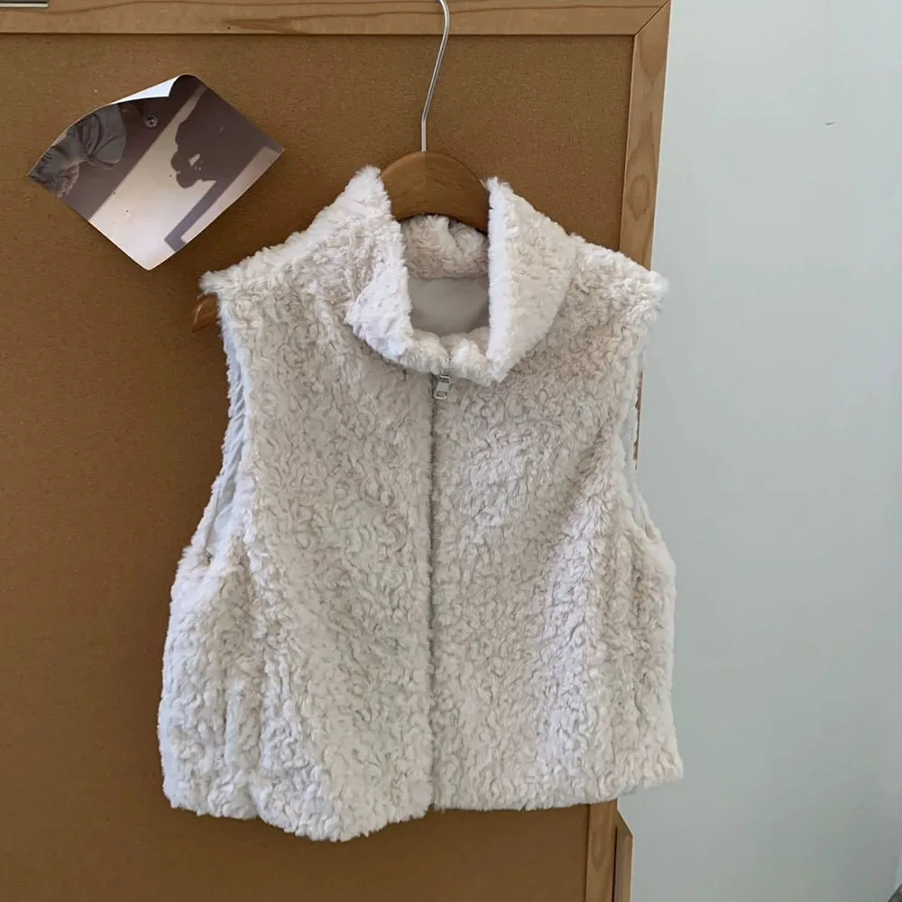 Lamb Wool Stand Collar Women Vest Autumn Winter Loose Fit Versatile Sleeveless Warm Waistcoat Jacket Korean Fashion Zippers Coat