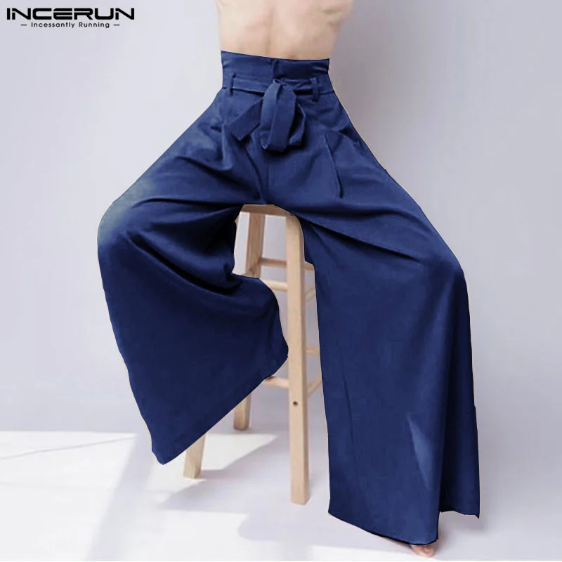 2024 Men Wide Leg Pants Solid Color High Waist Lace Up Streetwear Trousers Men Joggers Loose Fashion Casual Pantalon INCERUN