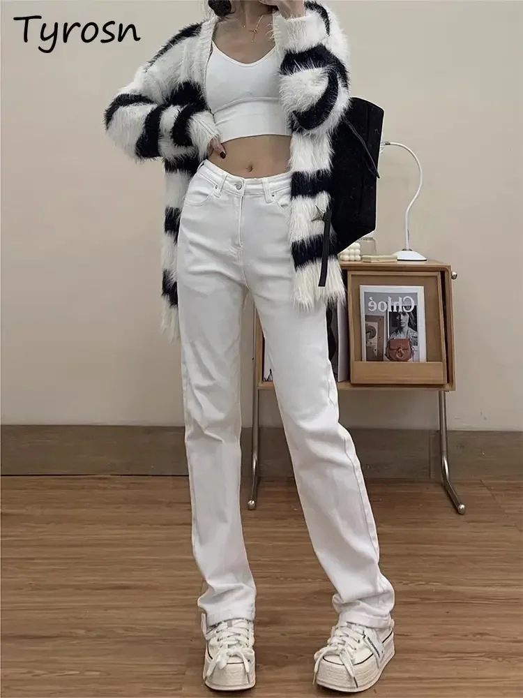 

Белые джинсы женские тонкие простые тонкие универсальные в американском стиле с высокой талией на молнии прямые полная длина новая шикарная уличная одежда повседневная