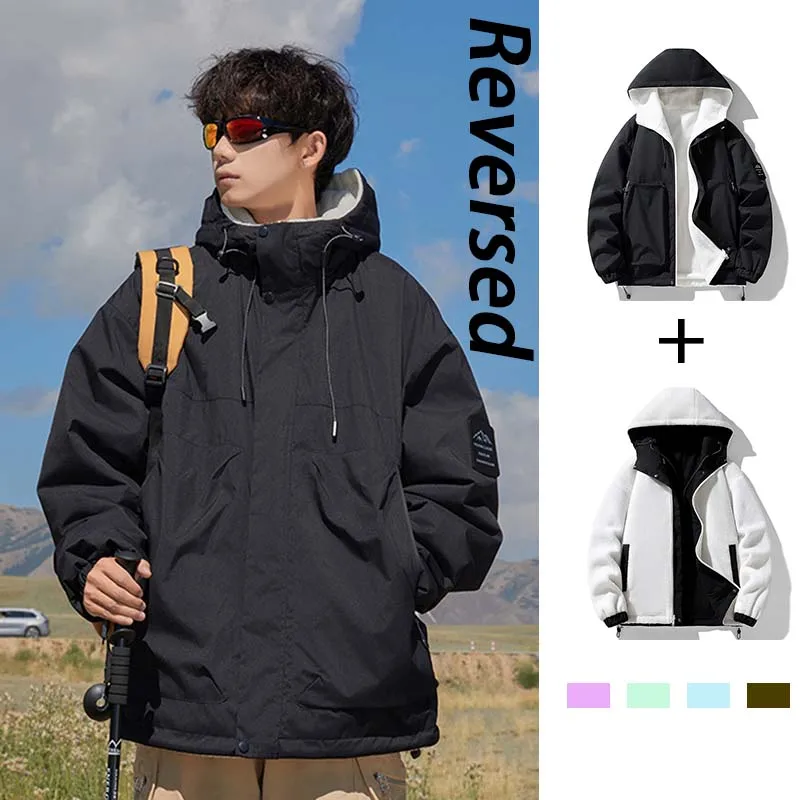 New Men Hiking Jacket Reversible Fleece Warm Coat Women Outdoor Camping Sport Windproof Hooded Jacket Casual Fashion Jacket