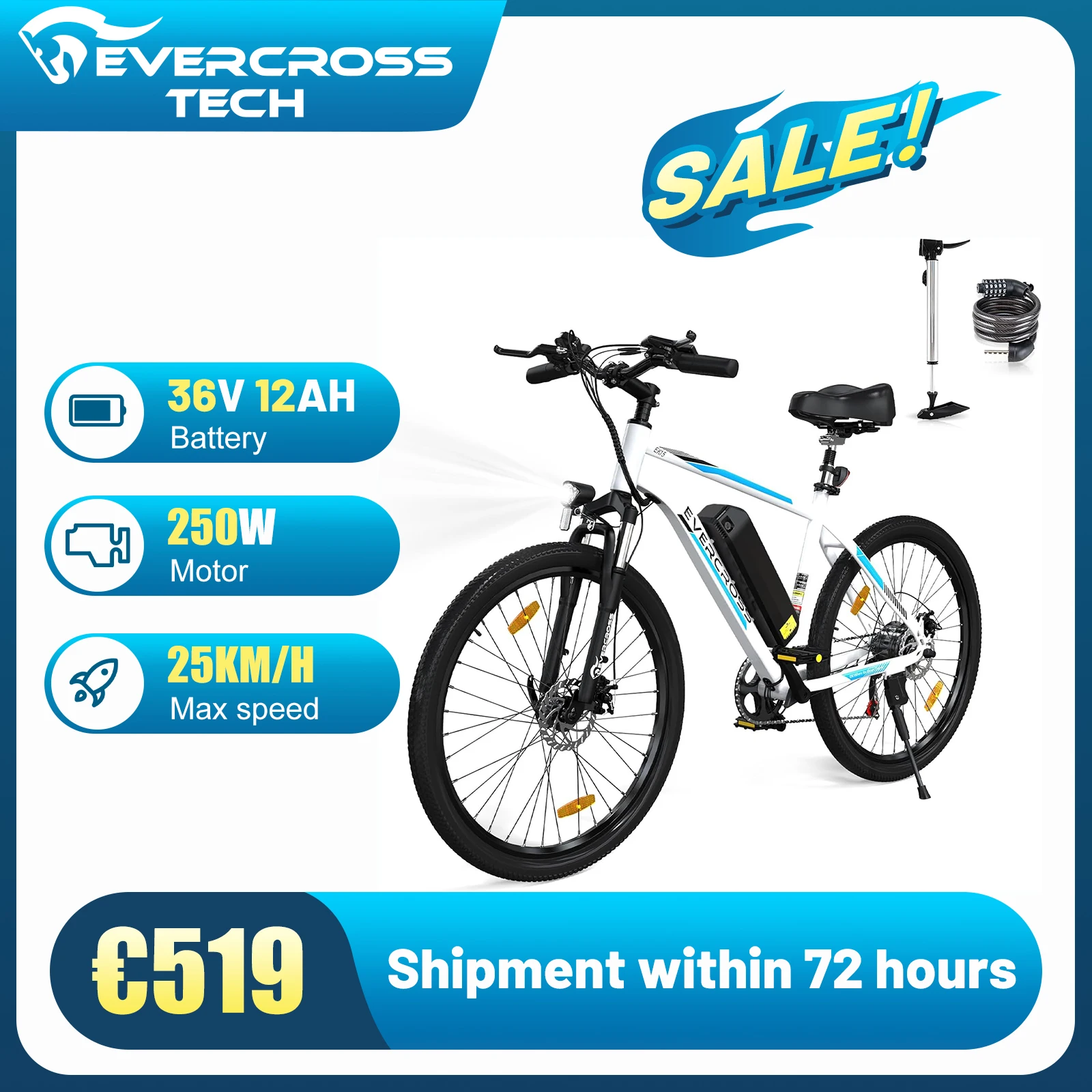 EVERCROSS TECH EK15 Electric bike adult, 26 E-boat with removable battery 36V 12Ah, 7 speeds, Range 35-90km