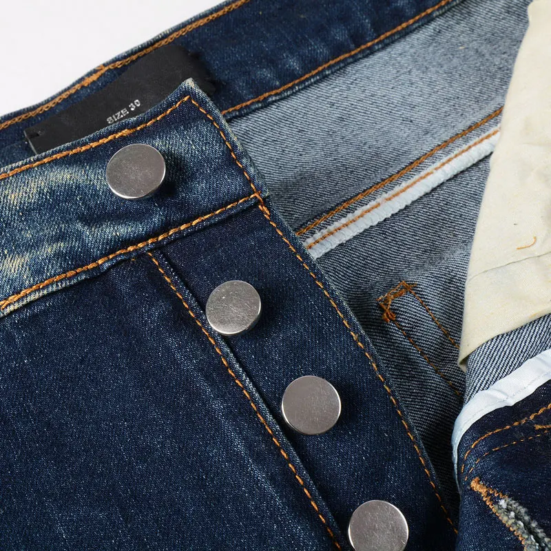 Street Fashion Men's Jeans High Quality Retro Dark Blue Elastic Slim Fit Split Jeans Men's Leather Patches Latest Designer Hip H