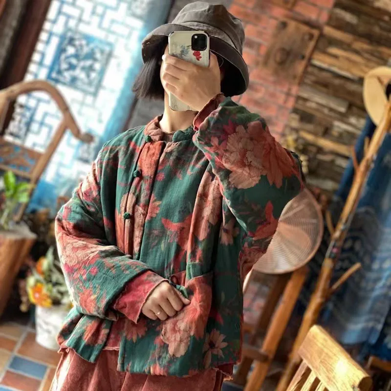 

Chinese-style Printed Comfortable Sewn Cotton-Padded Jacket Womens Autumn Winter Lightweight Single Breasted Loose Short Outwear
