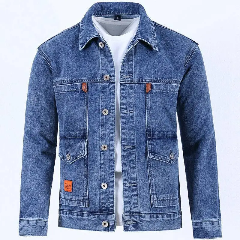 Loose Fit Men's Denim Jacket Spring Autumn Multi-Pocket Workwear Vintage Japanese Style High End Large Size Youth Jacket