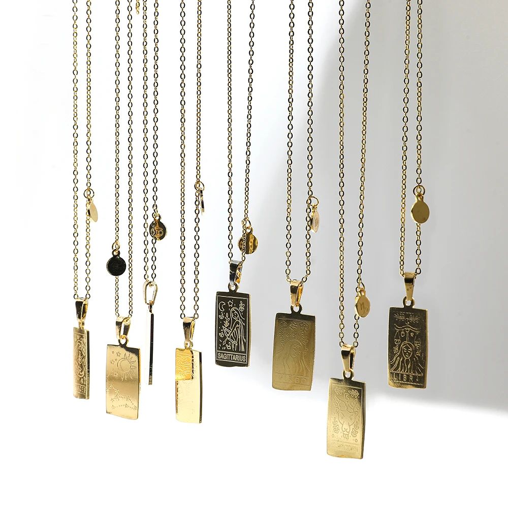 12 Constellations Square Pendants Stainless Steel Zodiac Sign Necklace for Women Men Clavicle Link Chain Necklaces Collar