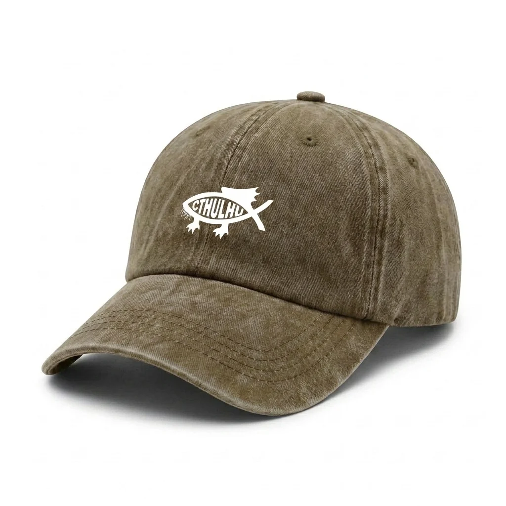 Vintage Washed Sea Monster Fish Graphic Baseball Cap, Adjustable Unisex Dad Hat with Metal Buckle, Dark Nautical Streetwear Gift