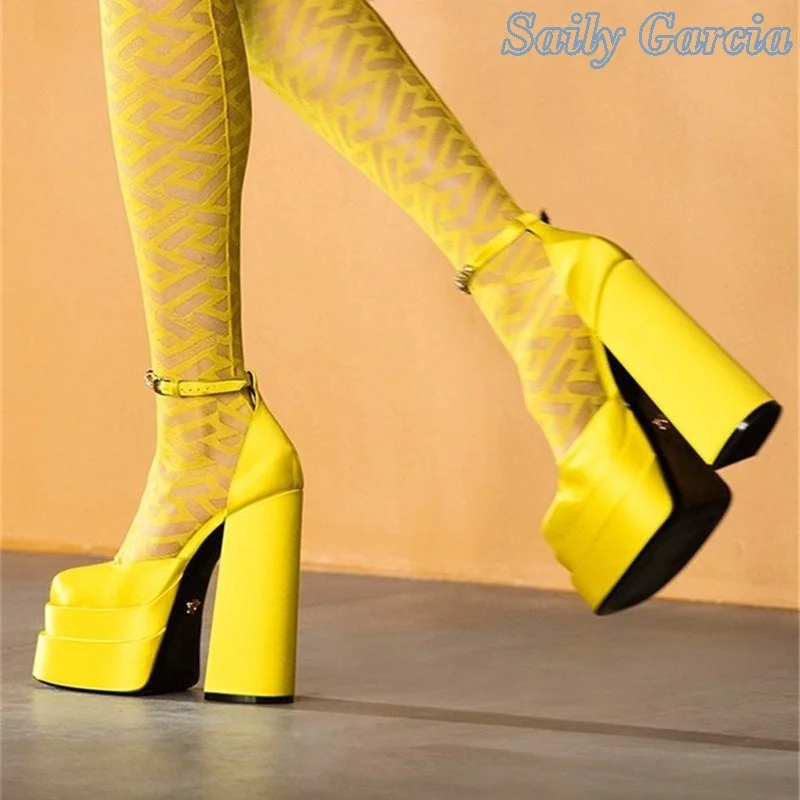 

Concise Unique Lace Up Candy Colored Pumps Chunky Heel Platfrom Ankle Wrap Solid Basic Catwalk Ladies Hot Sale Winter Shoes